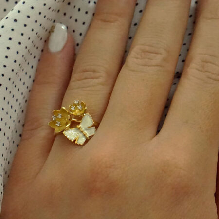 Γυναικείο Χειροποίητο Δαχτυλίδι Χρυσό 14Κ Ζιργκόν Σμάλτο Λευκό Κόσμημα Δώρο